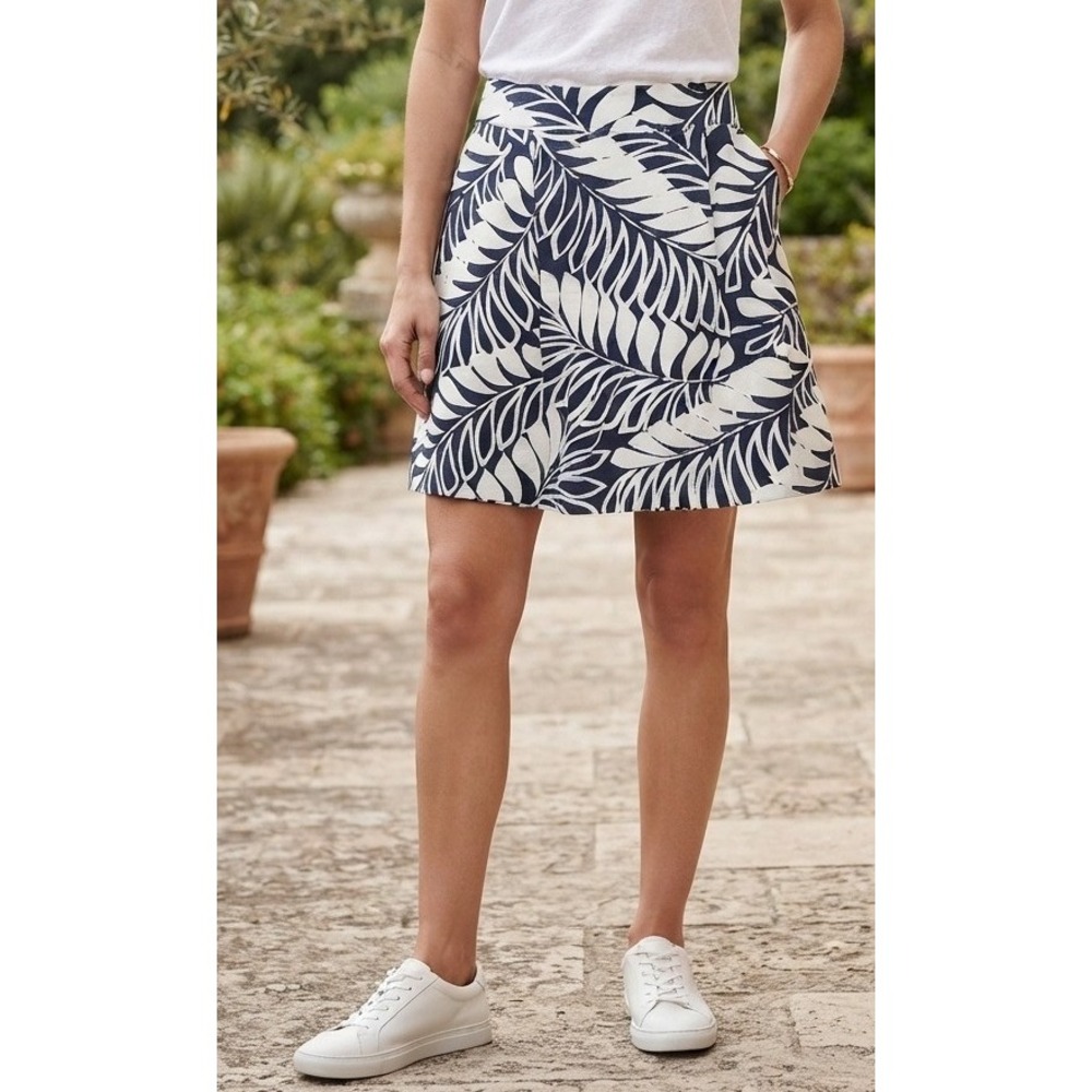 Kate Spade New York Tropical Leaf A-Line Mini Skirt Navy White Cotton Linen Sz 4